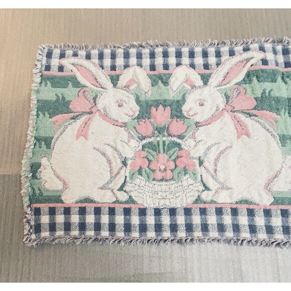 VTG Easter Woven Placemats & Runner Set Tulips Bunny Fringe Lot of 5 - Picture 10 of 12